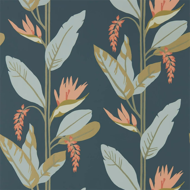 Ink-teal botanical wallpaper with coral flowers and pale seaglass leaves