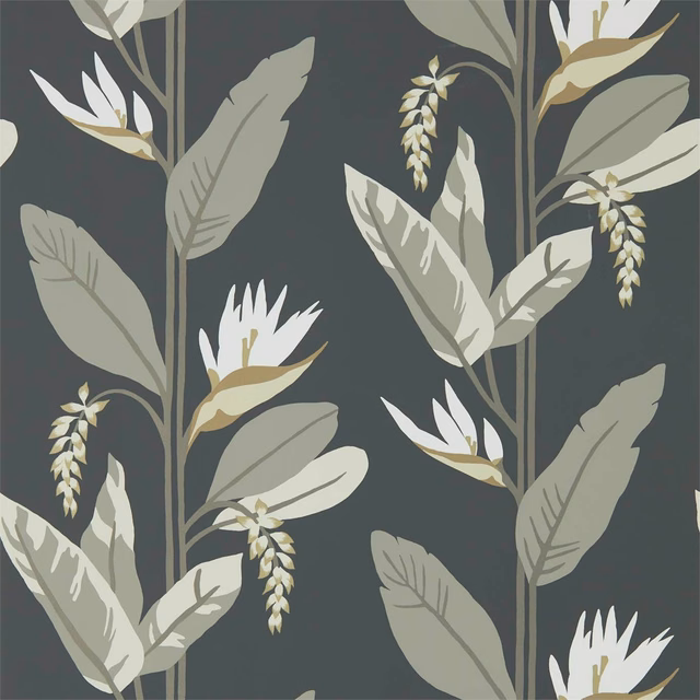 Jet-charcoal wallpaper with oversized stone leaves, white flowers and muted gold details