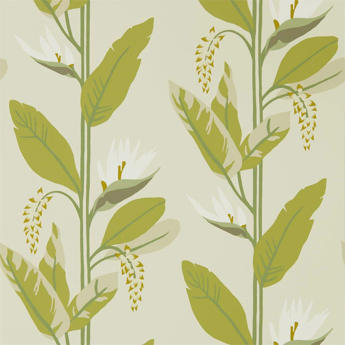 Pale pebble wallpaper with lime and jade tropical leaves and hanging botanical sprays