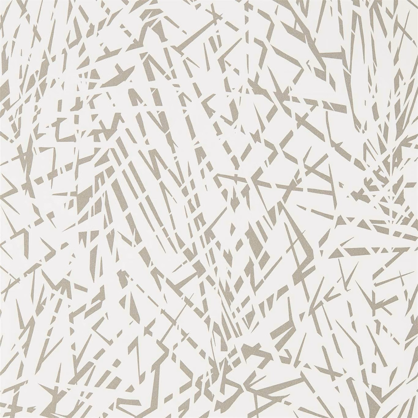 Chalk-white wallpaper with dense pale taupe angular shards in an abstract all-over pattern
