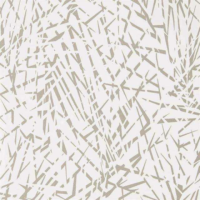 Chalk-white wallpaper with dense pale taupe angular shards in an abstract all-over pattern