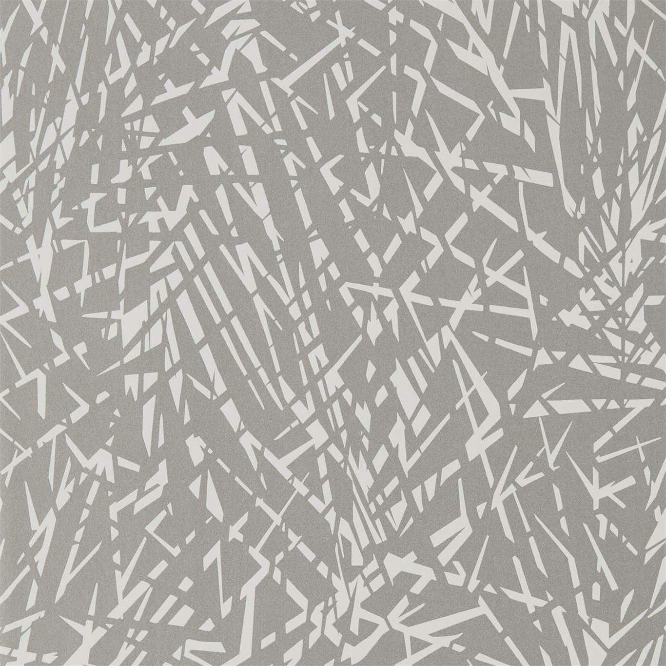 Cool pewter-grey wallpaper with dense ivory angular brush marks and branching strokes