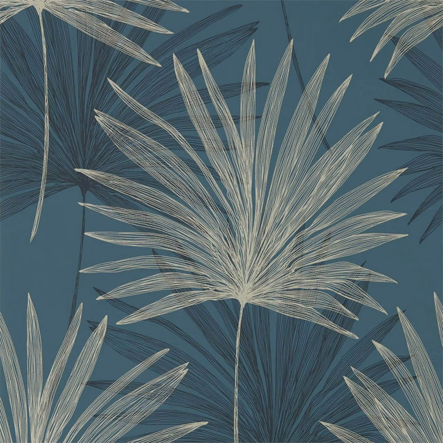 Ink-blue botanical wallpaper with sweeping platinum palm leaves and fine etched lines