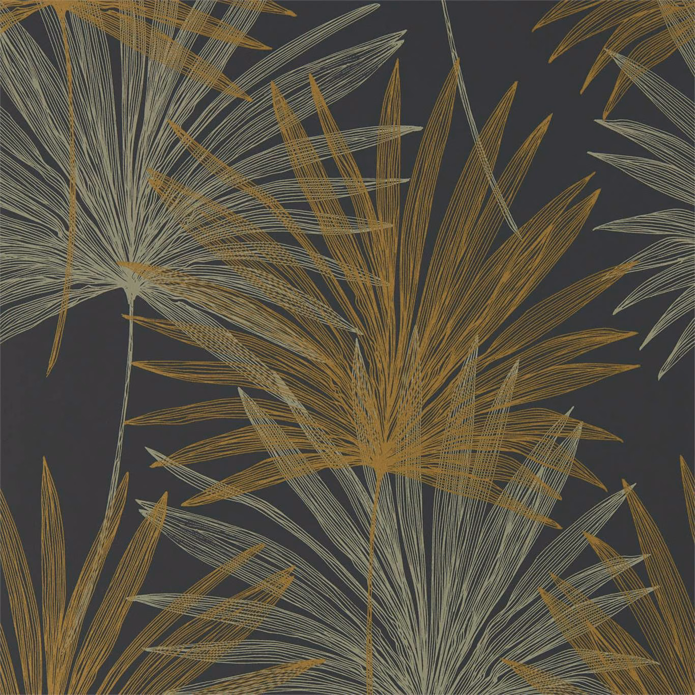 Jet charcoal wallpaper with sweeping gold and pale grey palm fronds in fine linework