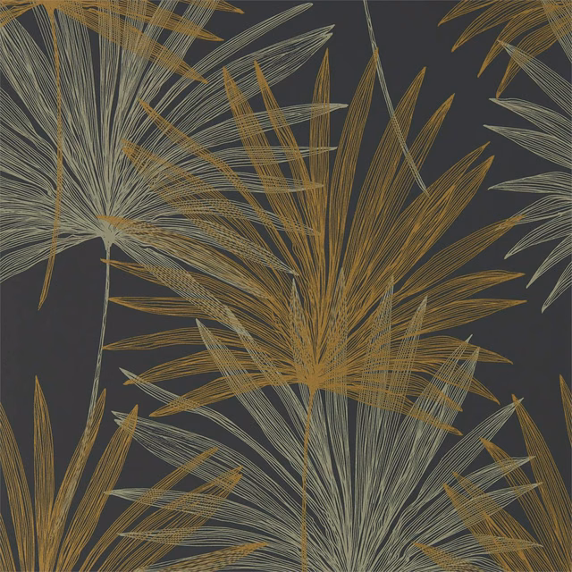Jet charcoal wallpaper with sweeping gold and pale grey palm fronds in fine linework
