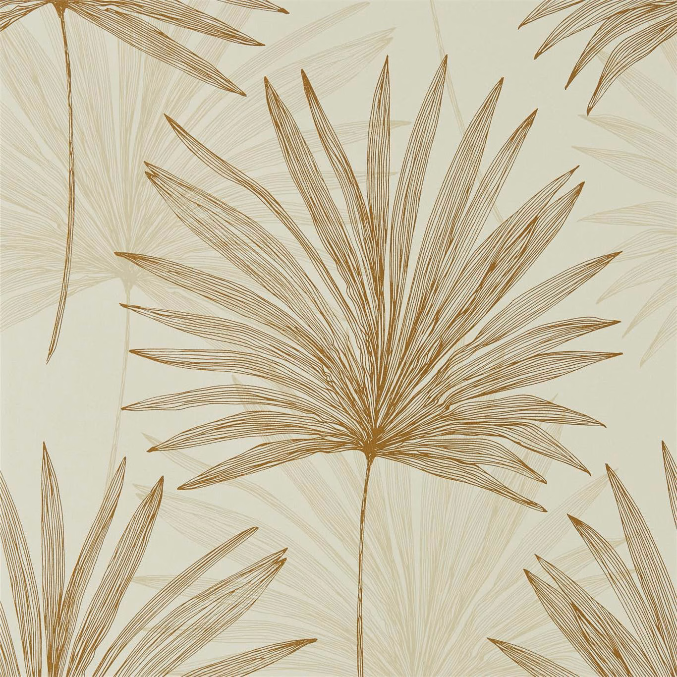 Pale oyster wallpaper with fine gold-brown fan-shaped botanical leaves