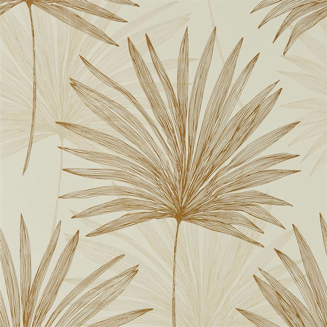 Pale oyster wallpaper with fine gold-brown fan-shaped botanical leaves