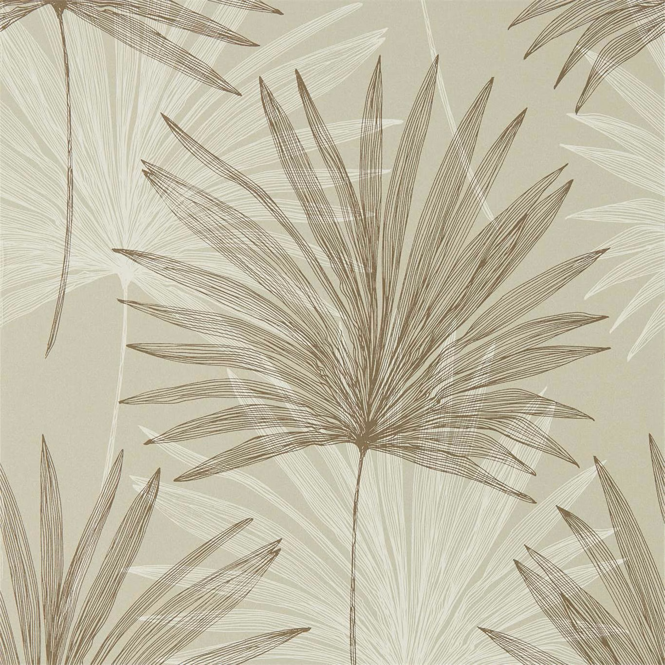 Pebble taupe wallpaper with chalk palm leaves and fine brown linework