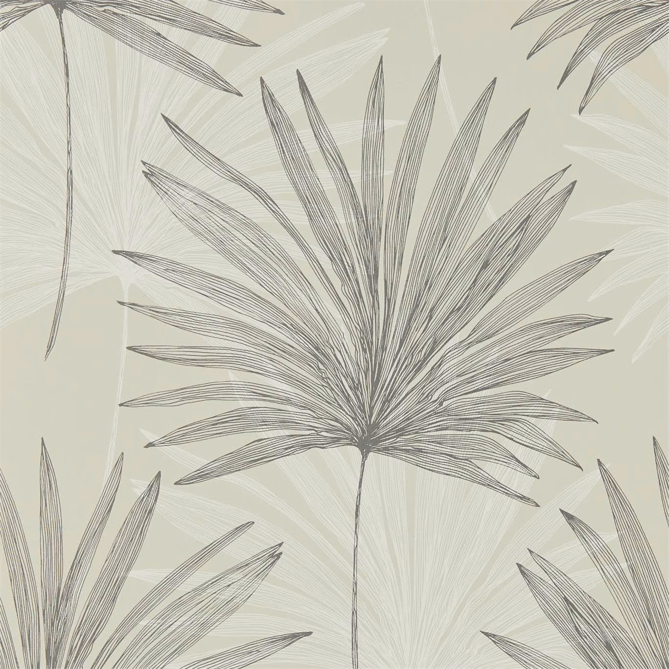 Pewter palm fronds on a pale sage chalk ground with layered botanical linework