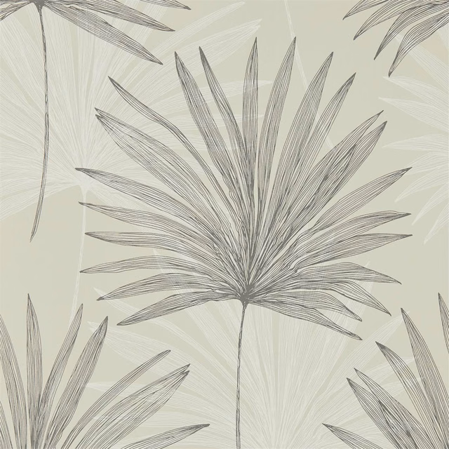 Pewter palm fronds on a pale sage chalk ground with layered botanical linework