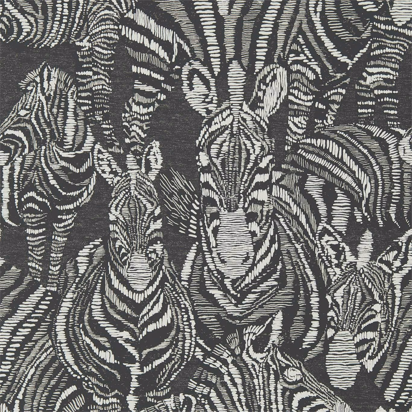 Charcoal-black wallpaper with chalk-white zebra heads in dense, expressive linework