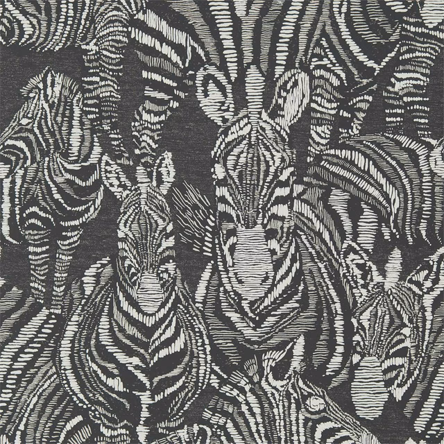 Charcoal-black wallpaper with chalk-white zebra heads in dense, expressive linework