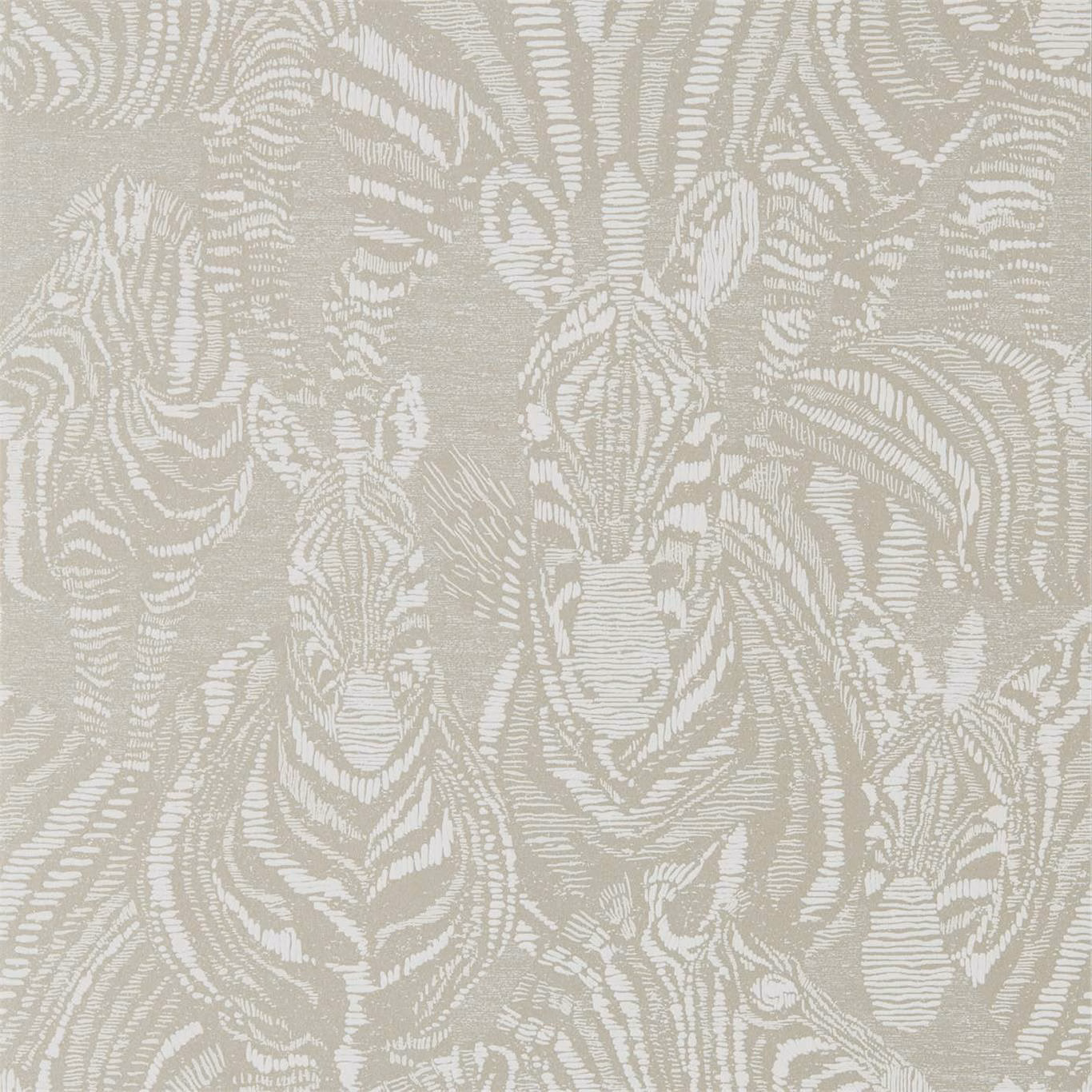 Pale platinum wallpaper with chalk-white flowing zebra stripes and fine distressed texture