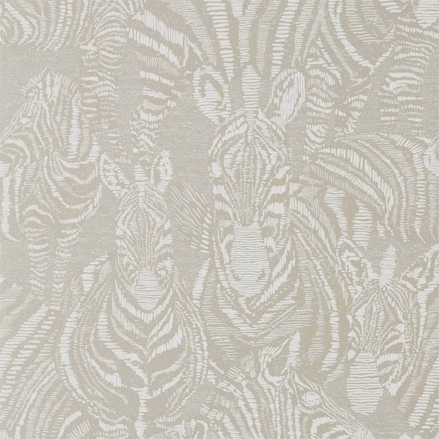 Pale platinum wallpaper with chalk-white flowing zebra stripes and fine distressed texture