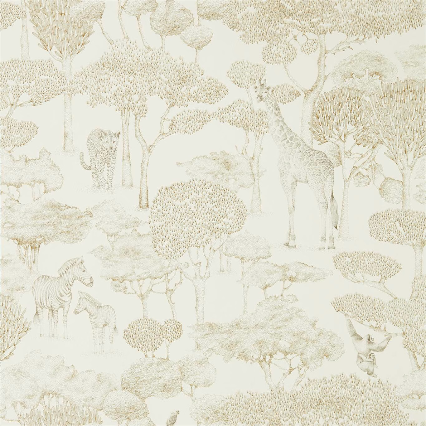 Chalk wallpaper with muted gold giraffe, zebra, elephant and acacia tree scene