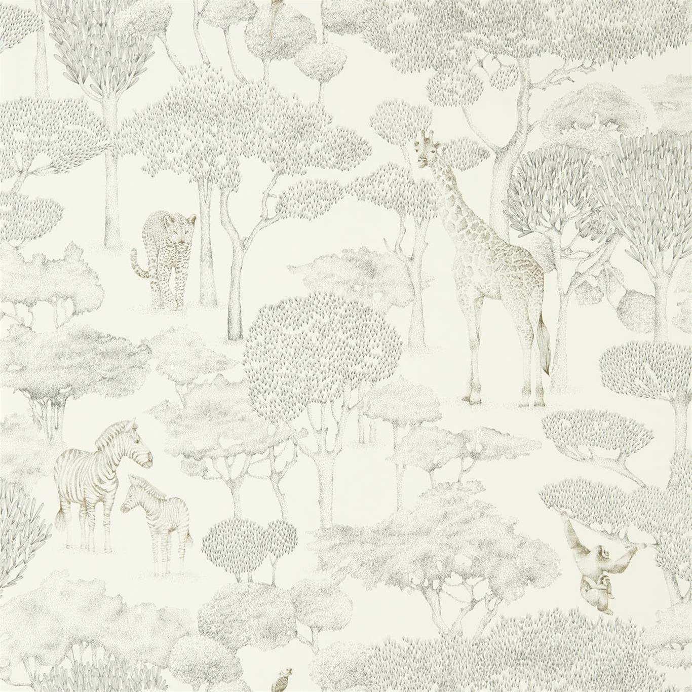 Chalk wallpaper with slate safari animals, dotted trees, giraffe and zebras