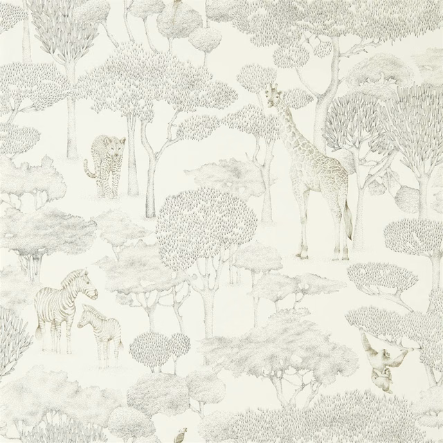 Chalk wallpaper with slate safari animals, dotted trees, giraffe and zebras