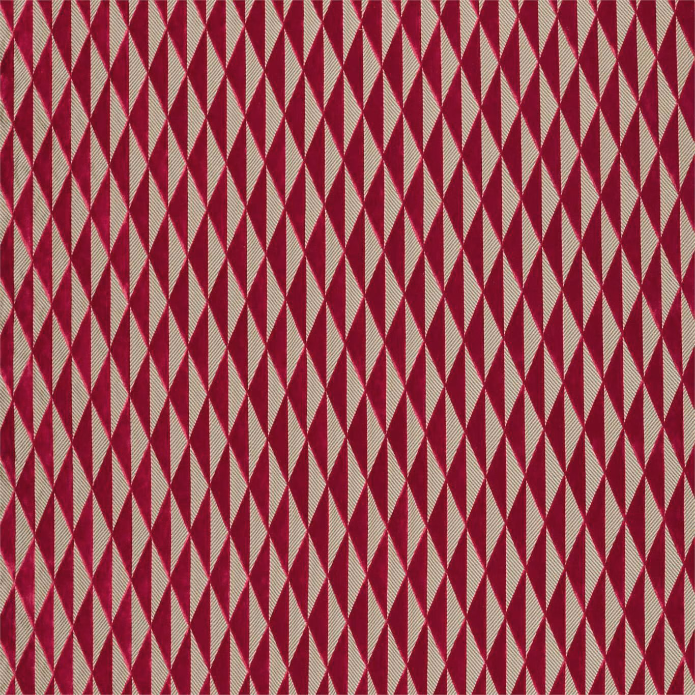 Deep crimson woven fabric with repeating ivory elongated diamond motifs and fine tactile texture