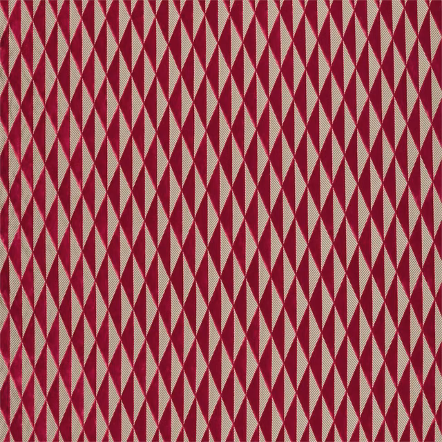 Deep crimson woven fabric with repeating ivory elongated diamond motifs and fine tactile texture