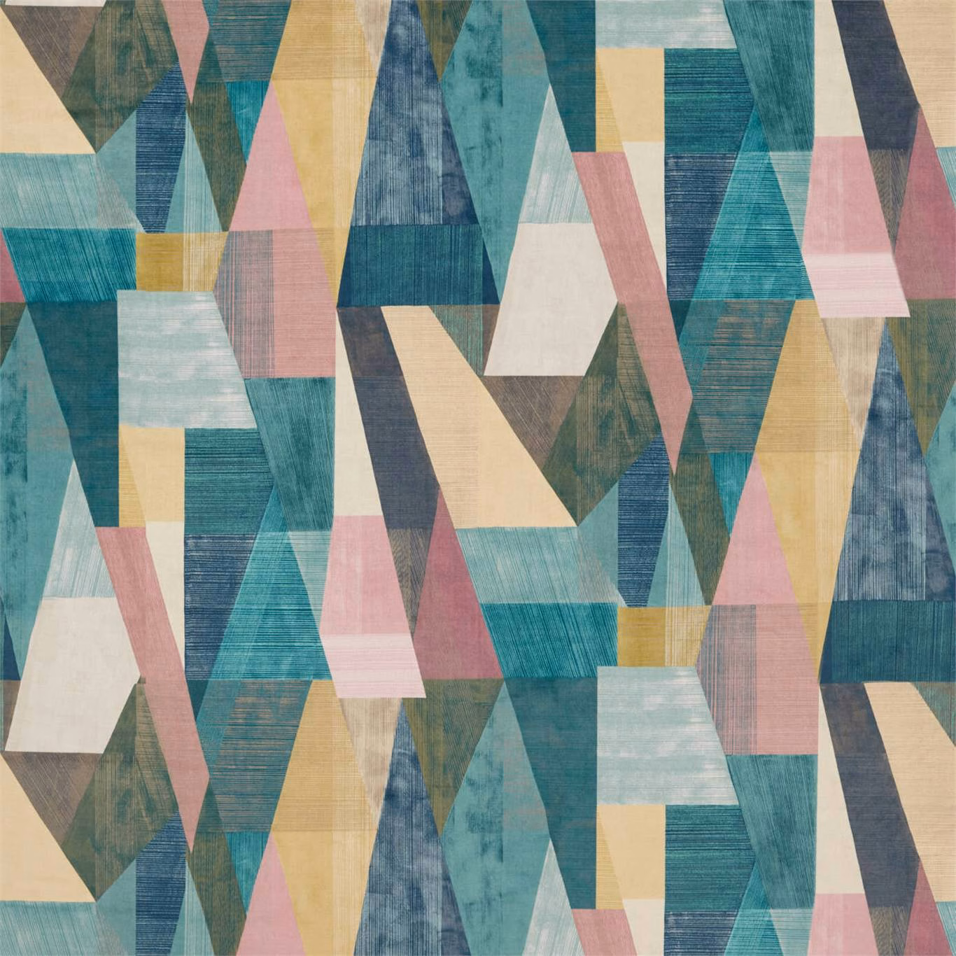 Ink-blue, teal and rose geometric velvet with ochre and cream angular facets