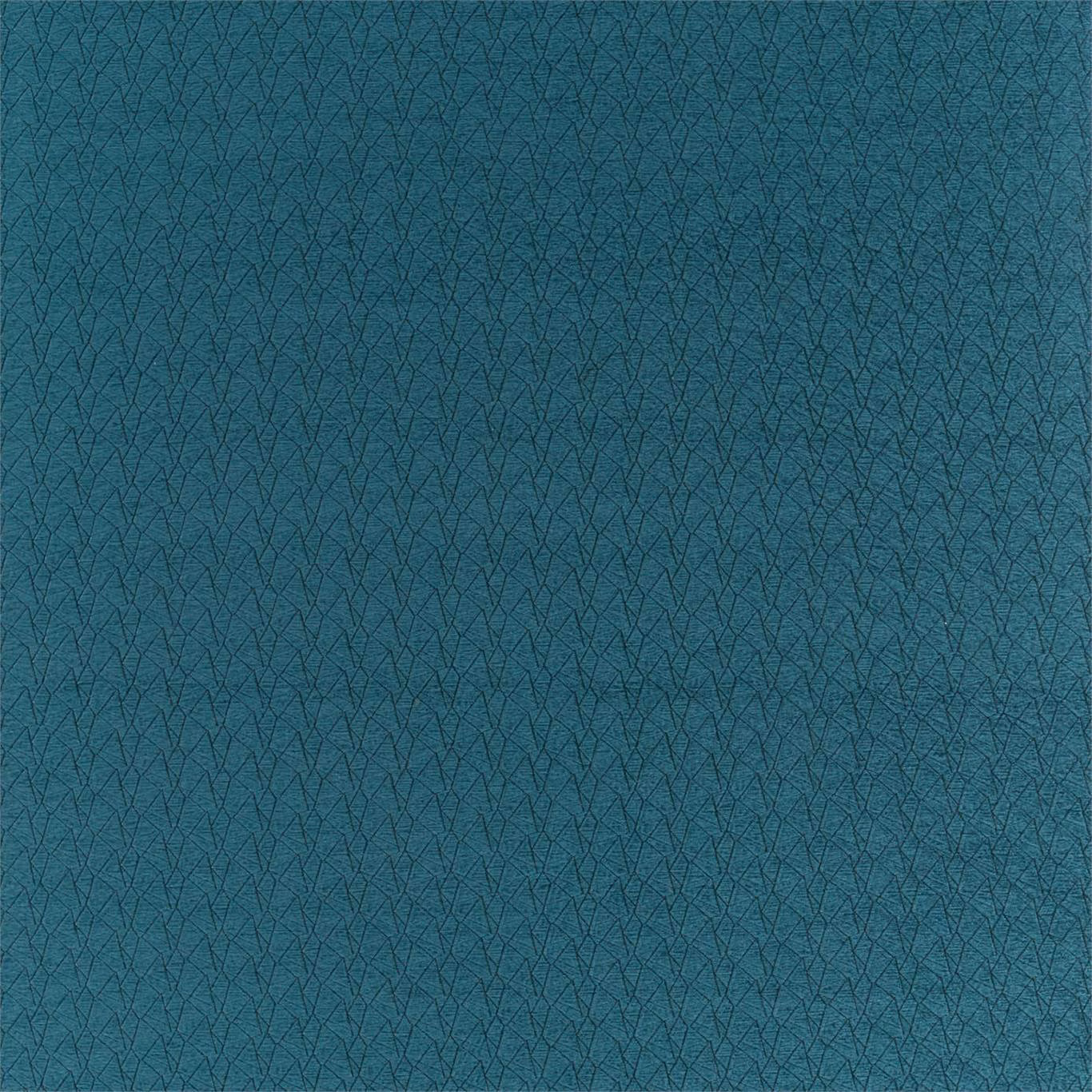 Deep blue-teal fabric with fine dark branching lines and a closely textured woven surface