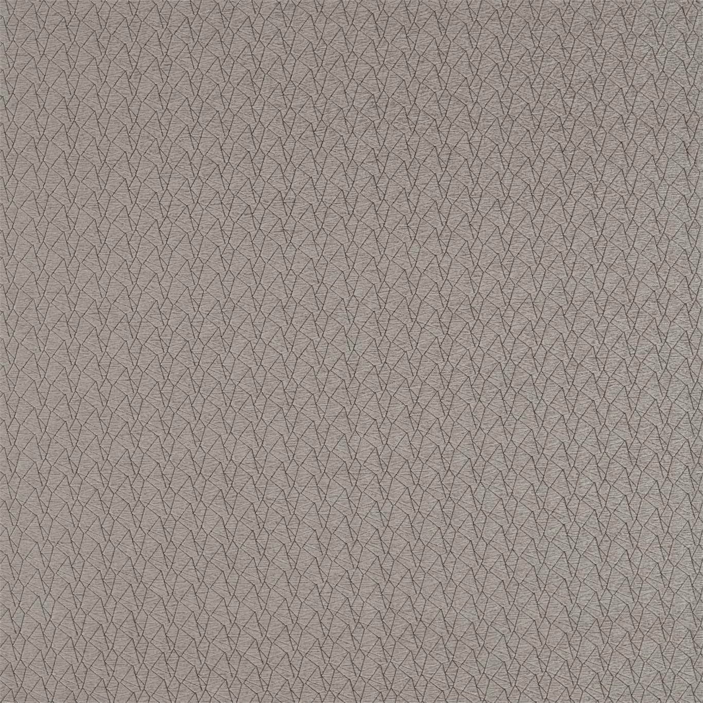 Cool pewter-grey fabric with fine charcoal angular lattice and subtle woven texture