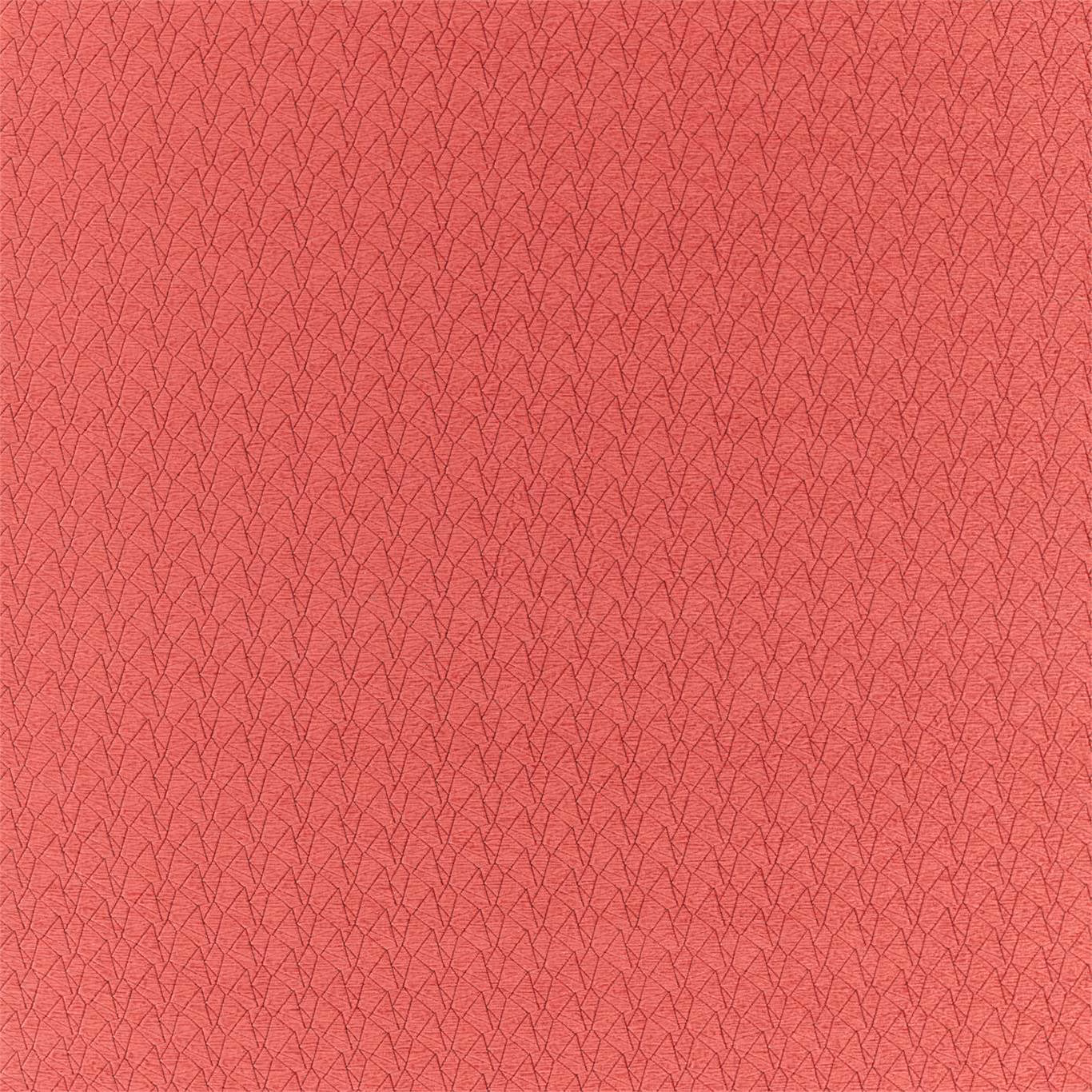 Saturated coral-red woven textile with a fine, irregular angular line pattern
