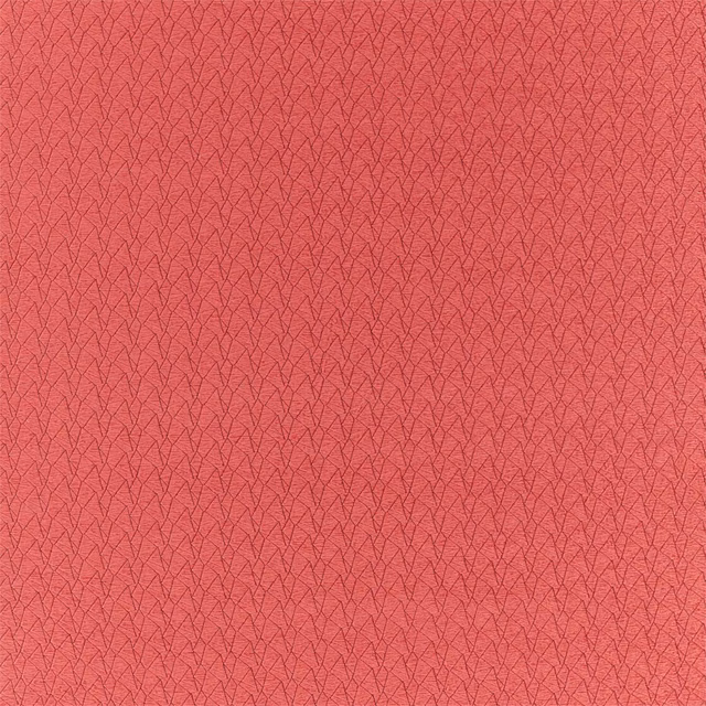 Saturated coral-red woven textile with a fine, irregular angular line pattern