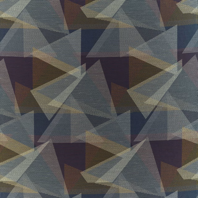 Ink blue-grey geometric textile with aubergine, charcoal and muted gold triangular facets