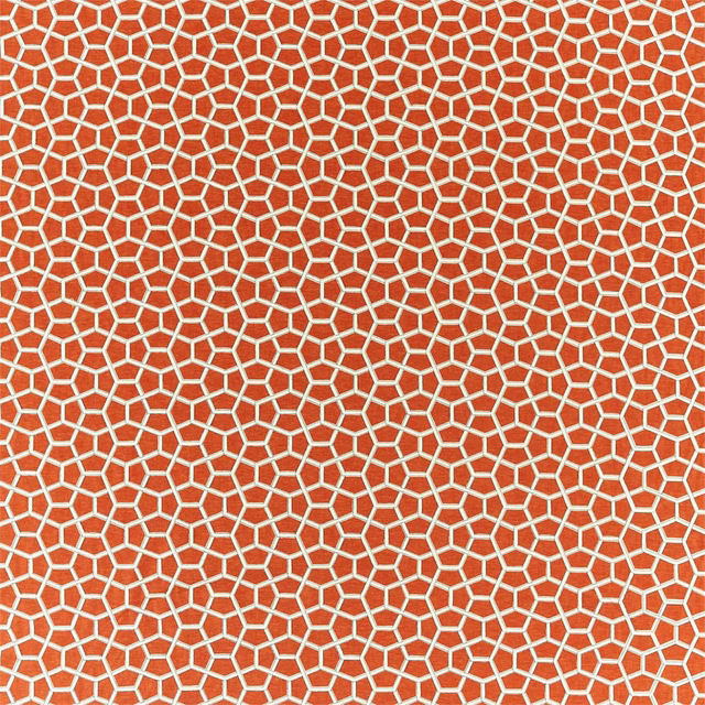 Warm cayenne-red fabric with a cream small-scale irregular geometric lattice