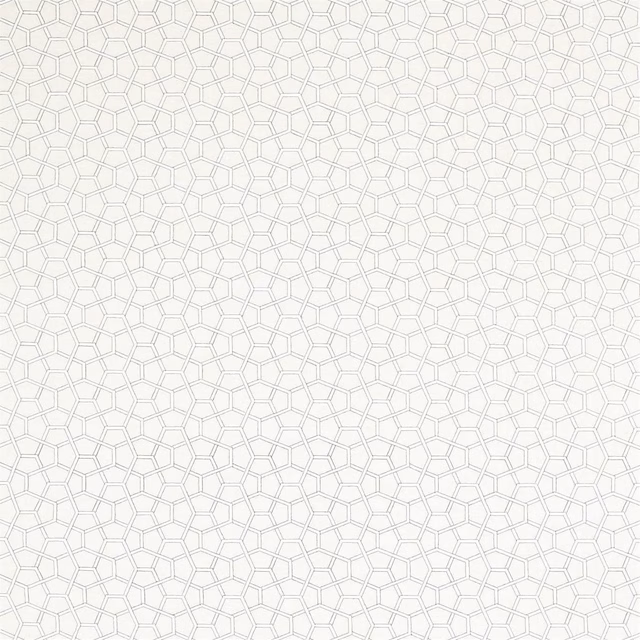 Pale ecru fabric with fine interlocking polygon lines in a small geometric weave