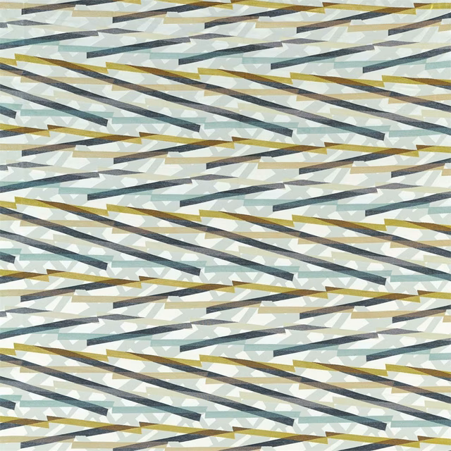 Gold, charcoal and pale sage angular strokes across a cream textile ground