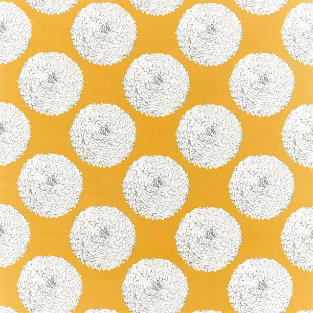 Saffron yellow fabric with white textured circular floral rosettes in a regular repeat