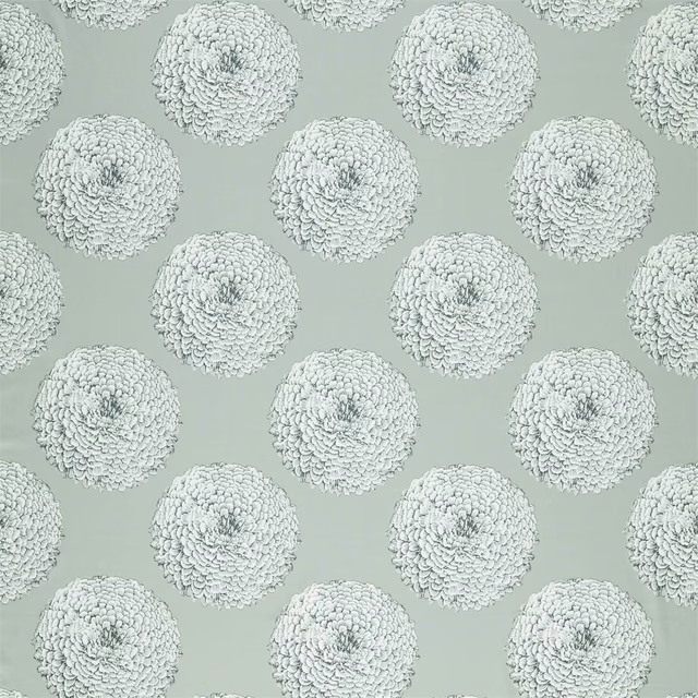 Cool titanium-grey fabric with pale, loop-textured rosette medallions in a regular repeat