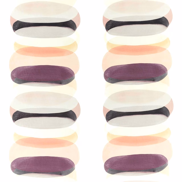 Muted plum elliptical bands with coral, ivory and charcoal on a textured ground