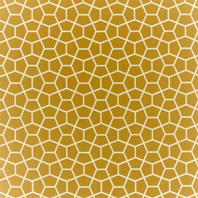 Mustard chartreuse fabric with a fine irregular ivory honeycomb lattice