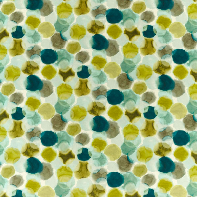Chartreuse and topaz pebble-like spots with teal and aqua accents on a textured ground