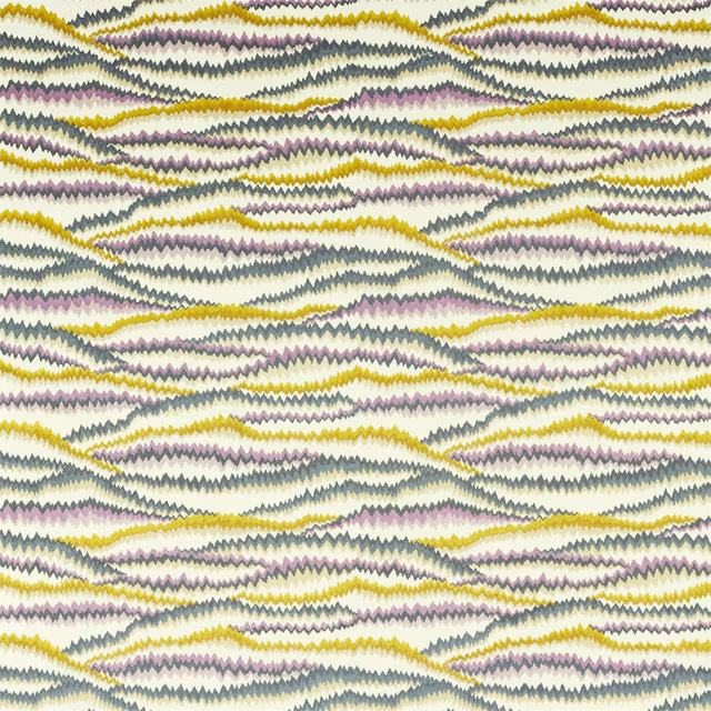 Aubergine and chartreuse zigzag waves with muted grey-green accents