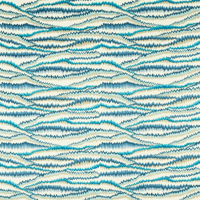 Ivory textile with layered teal and ink zigzag wave bands