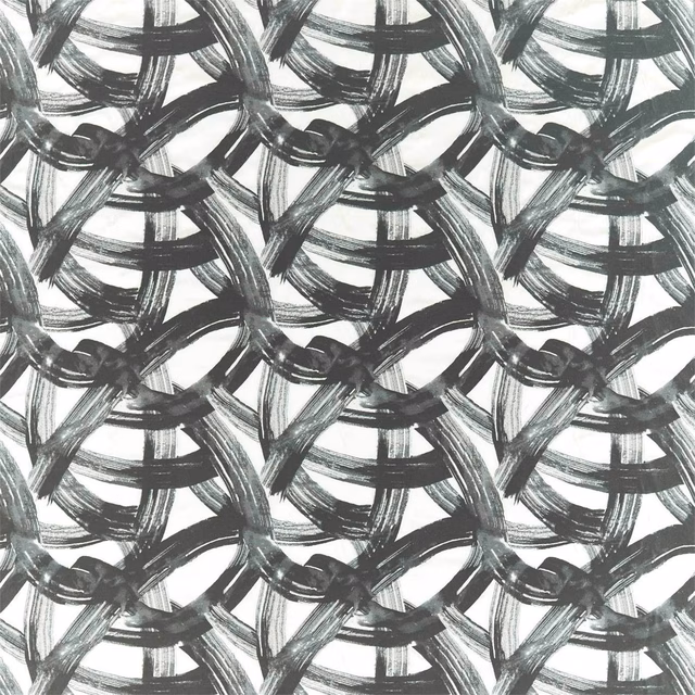 Charcoal and graphite brushstrokes interlock over a pale ground in a woven textile