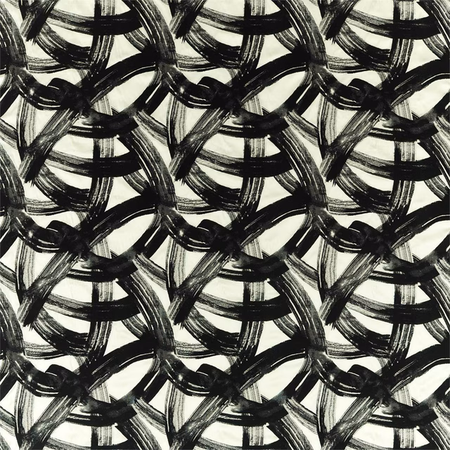 Black brushstroke loops interlock across an ivory ground in Typhonic Onyx