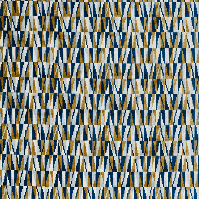 Cobalt, ochre and cream geometric zigzag weave with dense repeated pointed motifs