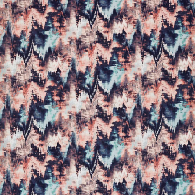 Rosewood, blush, teal and azure velvet with dense jagged ikat-like motifs