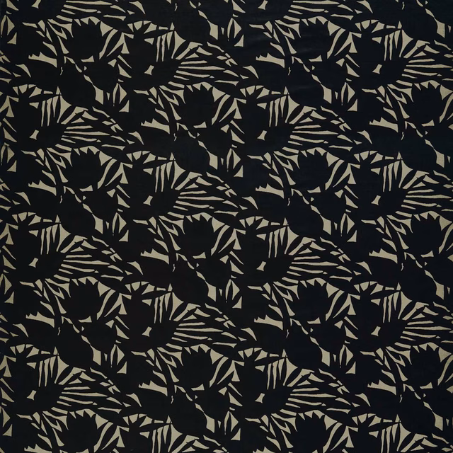 Ebony fabric with dense olive botanical leaves and striped fan-shaped foliage