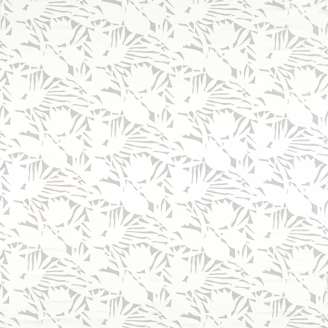 Pearl-white textile with soft grey scattered leaf and angular botanical motifs