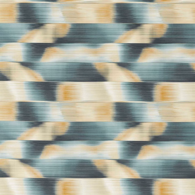Blue-grey and sand geometric bands with warm ochre accents in a fine horizontal weave