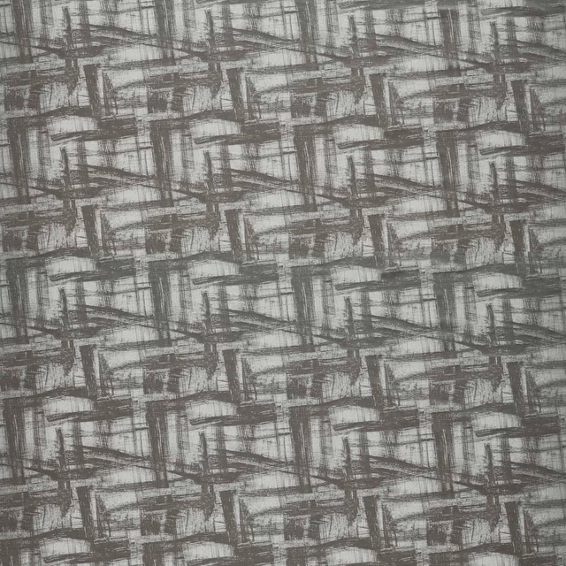 Cool grey fabric with charcoal painterly grid marks and textured woven surface