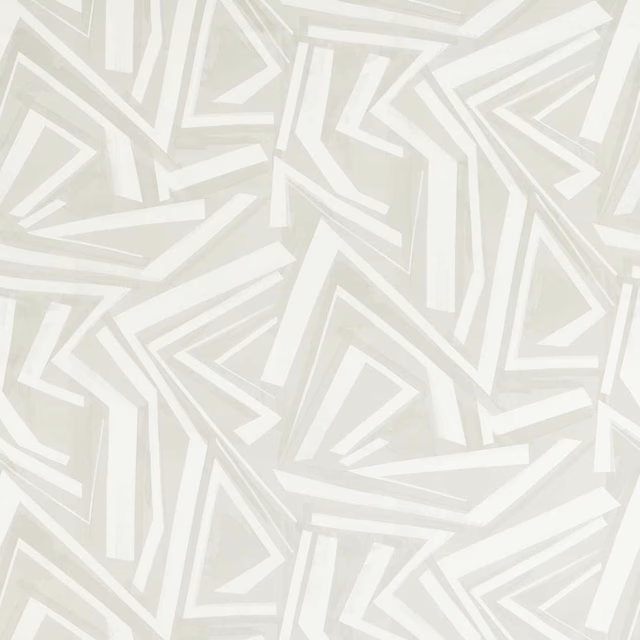 Pale sage-grey fabric with ivory angular chevrons in a matte woven surface