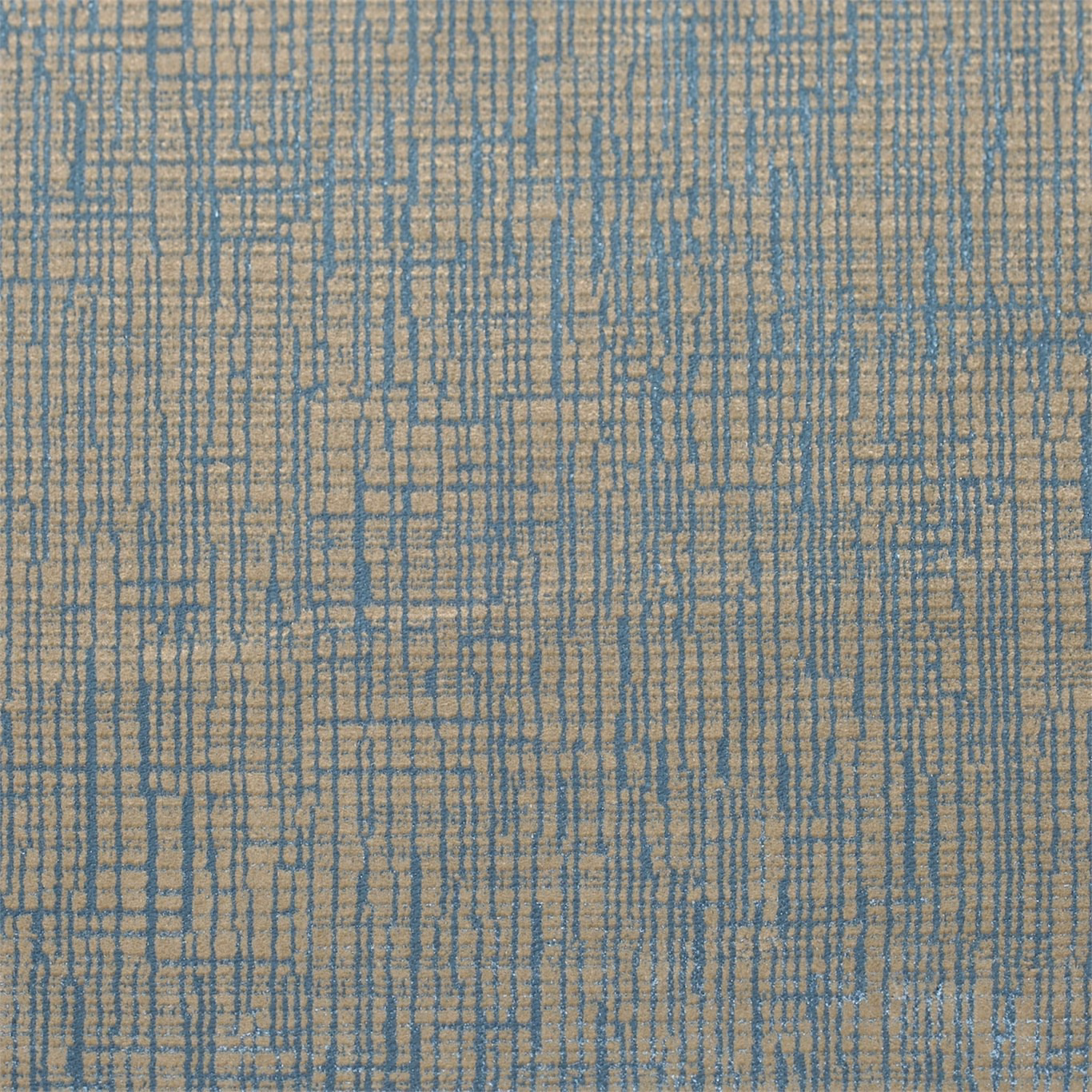 Close-up of muted marine-blue irregular grid lines over a warm taupe woven ground