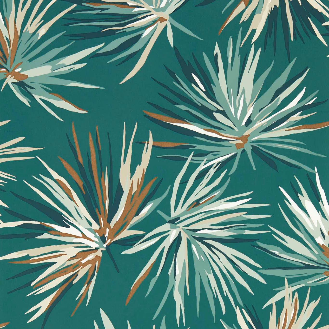 Deep teal wallpaper with cream, mint and copper spiky botanical bursts